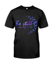 Load image into Gallery viewer, Be Still And Know That I Am God Purple Dragonfly Guys Tee