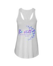 Load image into Gallery viewer, Be Still And Know That I Am God Purple Dragonfly Ladies Flowy Tank
