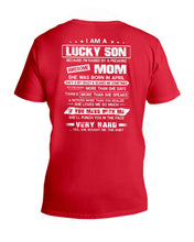 Load image into Gallery viewer, Lucky Son Who Raised By A Freaking Awesome April Mom Guys V-Neck