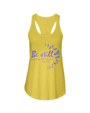 Load image into Gallery viewer, Be Still And Know That I Am God Purple Dragonfly Ladies Flowy Tank