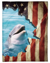 Load image into Gallery viewer, Beautiful Dolphin Behind American Flag Gift For Dolphin Lovers Fleece Blanket
