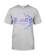 Load image into Gallery viewer, Be Still And Know That I Am God Purple Dragonfly Guys Tee

