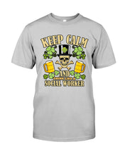 Load image into Gallery viewer, Keep Calm Social Worker Shamrock St. Patrick's Day Printed Mug Guys Tee
