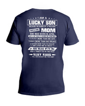 Load image into Gallery viewer, Lucky Son Who Raised By A Freaking Awesome April Mom Guys V-Neck
