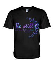 Load image into Gallery viewer, Be Still And Know That I Am God Purple Dragonfly Guys V-Neck
