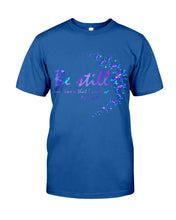 Load image into Gallery viewer, Be Still And Know That I Am God Purple Dragonfly Guys Tee
