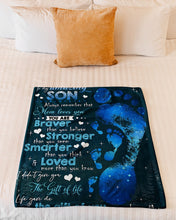Load image into Gallery viewer, Blue Footprints Gift For Son Loved More Than You Know Fleece Blanket
