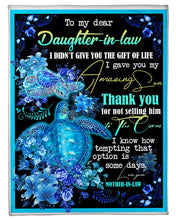 Load image into Gallery viewer, Thank You Blue Turtle And Flower Mom Gift For Daughter In Law Fleece Blanket
