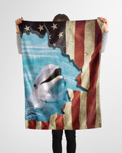 Load image into Gallery viewer, Beautiful Dolphin Behind American Flag Gift For Dolphin Lovers Fleece Blanket
