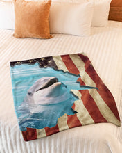 Load image into Gallery viewer, Beautiful Dolphin Behind American Flag Gift For Dolphin Lovers Fleece Blanket
