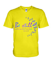 Load image into Gallery viewer, Be Still And Know That I Am God Purple Dragonfly Guys V-Neck

