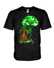 Load image into Gallery viewer, Red Long Haired Dachshund Patrick Balloons St. Patrick's Day Color Changing Mug Guys V-Neck
