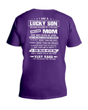 Load image into Gallery viewer, Lucky Son Who Raised By A Freaking Awesome April Mom Guys V-Neck
