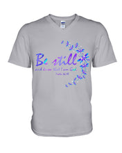 Load image into Gallery viewer, Be Still And Know That I Am God Purple Dragonfly Guys V-Neck
