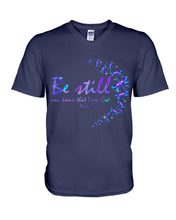 Load image into Gallery viewer, Be Still And Know That I Am God Purple Dragonfly Guys V-Neck

