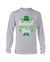 Load image into Gallery viewer, Emerald Green Top Hat And Boot Luckiest Lunch Lady Ever St Patrick's Day Gift Unisex Long Sleeve
