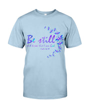 Load image into Gallery viewer, Be Still And Know That I Am God Purple Dragonfly Guys Tee
