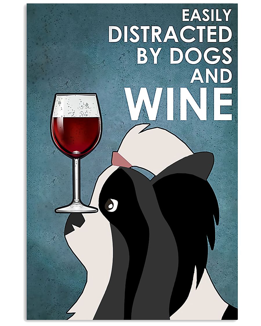 Cartoon Art Lhasa Apso Dog And Red Wine Gift For Dog Lovers Vertical Poster