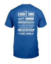 Load image into Gallery viewer, Lucky Son Who Raised By A Freaking Awesome April Mom Guys Tee
