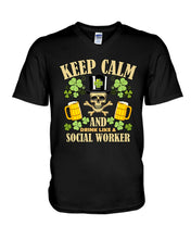 Load image into Gallery viewer, Keep Calm Social Worker Shamrock St. Patrick's Day Printed Mug Guys V-Neck
