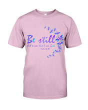 Load image into Gallery viewer, Be Still And Know That I Am God Purple Dragonfly Guys Tee
